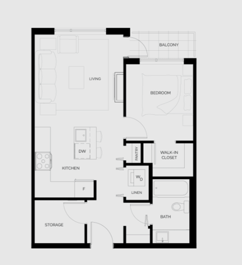Floor plan for 1 bed, 1 bath, 617 sqft
